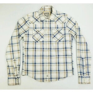 Ruehl No. 925 Size Medium Men's Vanilla Tan Gray Plaid Western Pearl Snap Shirt